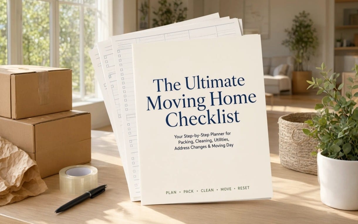 Stack of The Ultimate Moving Home Checklist planner pages on a table with moving boxes and packing supplies