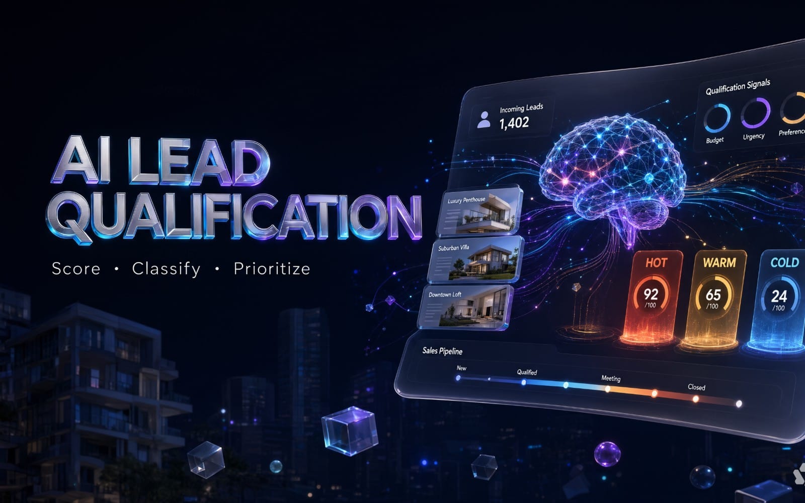 AI lead qualification and scoring banner for real estate with neural network graphic, property cards, and hot warm cold