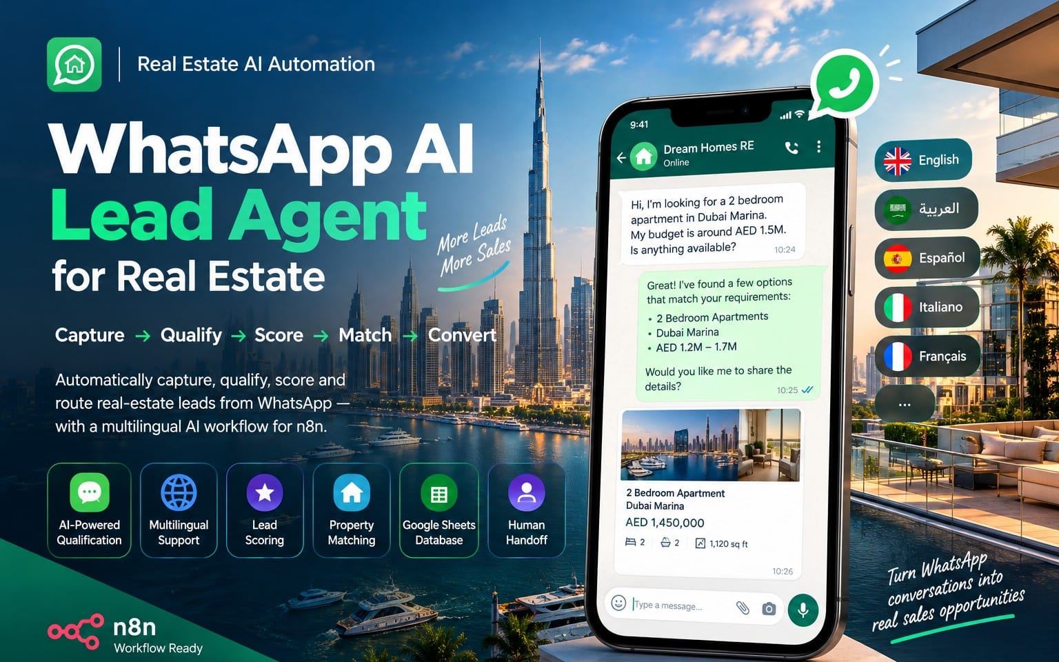 Marketing banner showing a smartphone with WhatsApp AI lead agent for real estate, featuring multilingual lead capture