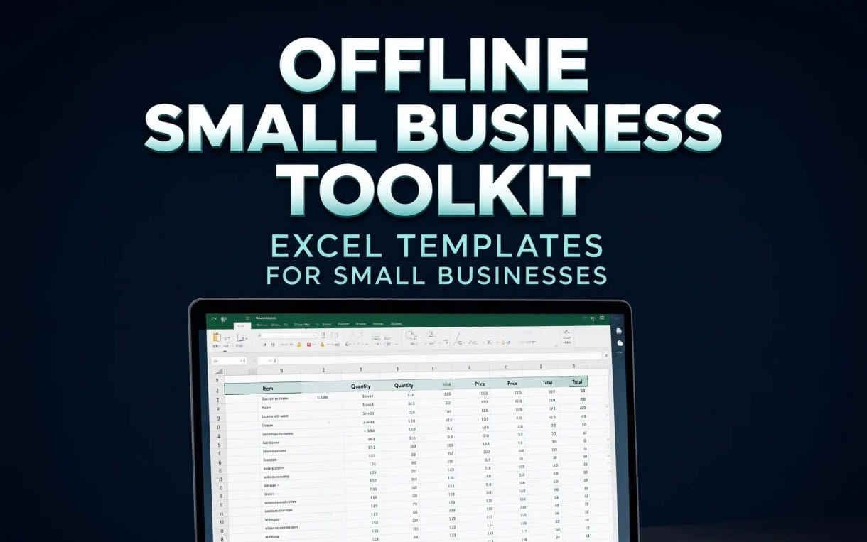 Offline small business toolkit banner with title and a laptop screen showing Excel templates