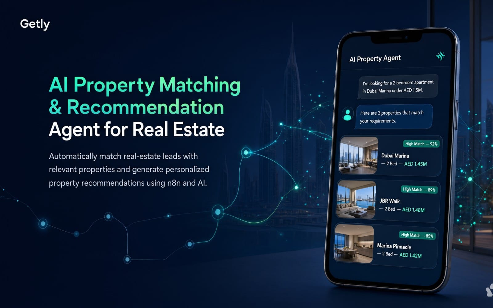 Smartphone mockup showing AI property matching and recommendation agent interface for real estate with matching cards
