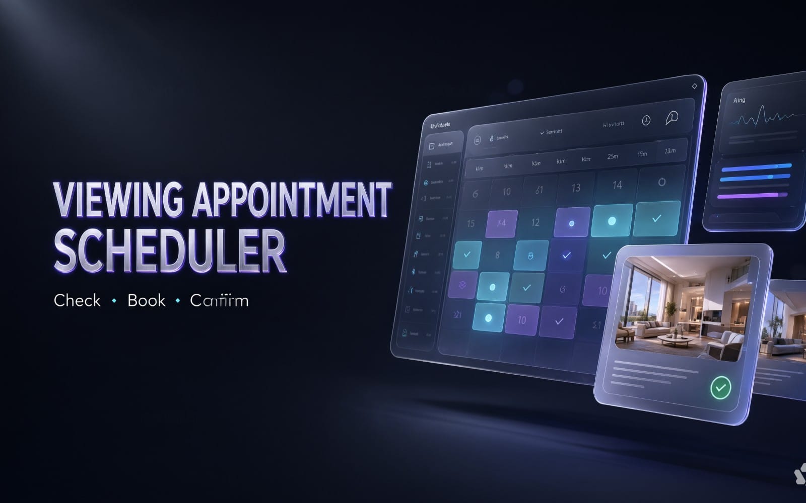 Neon real estate viewing appointment scheduler UI with calendar and property preview screens for a scheduling agent