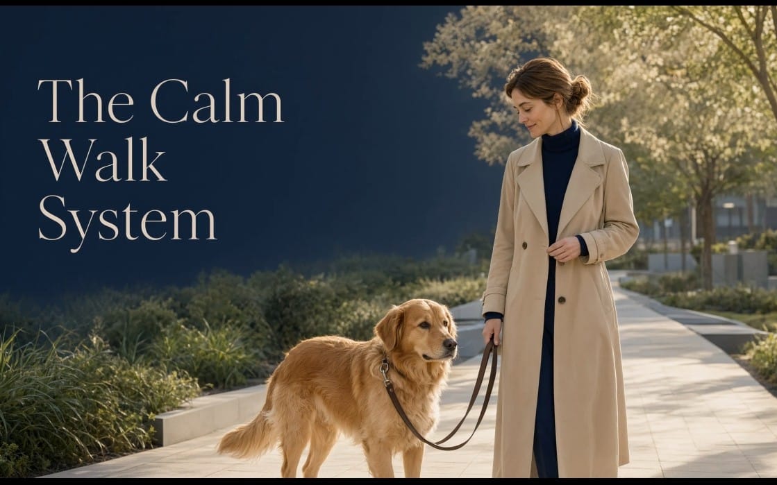Woman walking a golden retriever outdoors on a path, promotional cover for The Calm Walk System digital guide