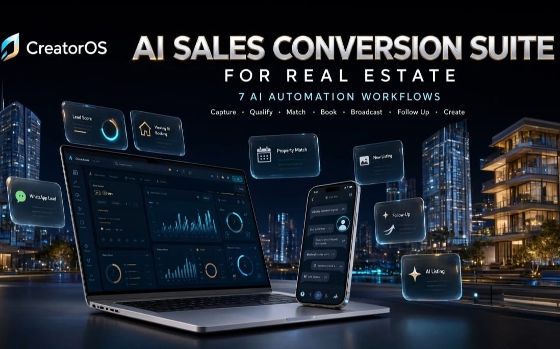 AI sales conversion suite for real estate shown on laptop and smartphone dashboards with automated lead workflows