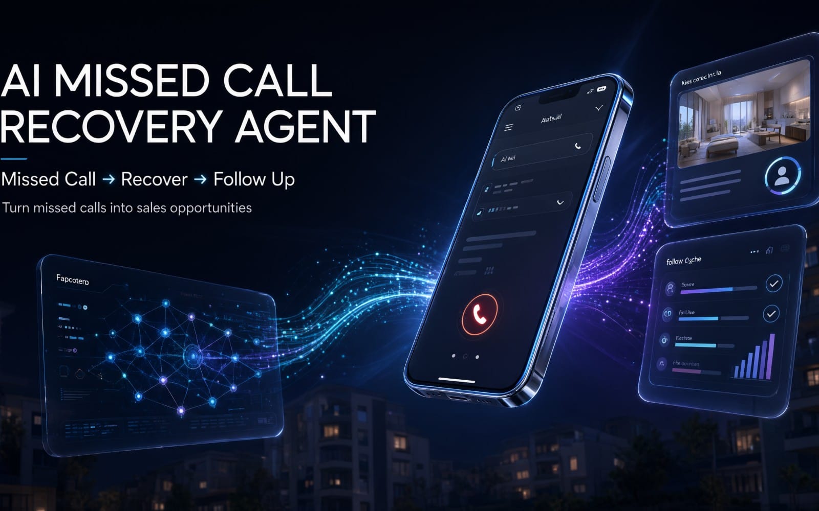 AI missed call recovery agent marketing graphic for real estate with smartphones and dashboard interfaces