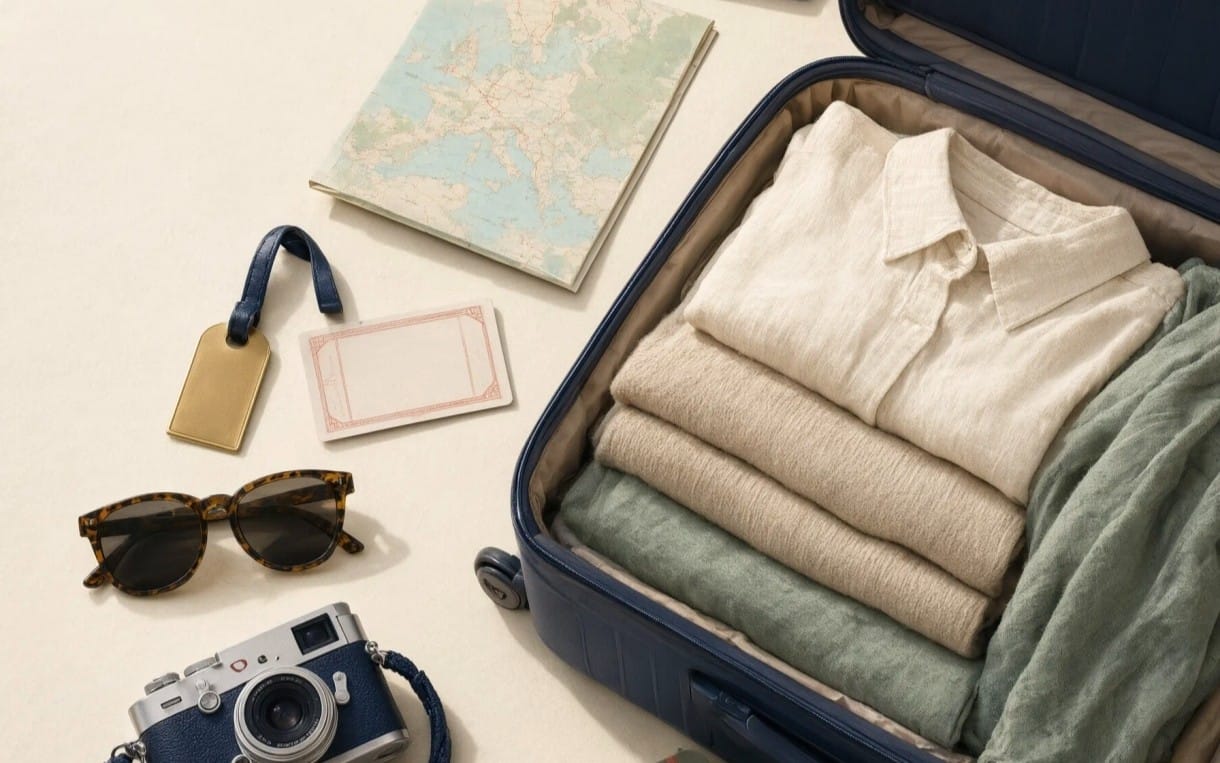 Travel checklist digital guide for a first Europe trip with suitcase packing items, passport tags, sunglasses, and map