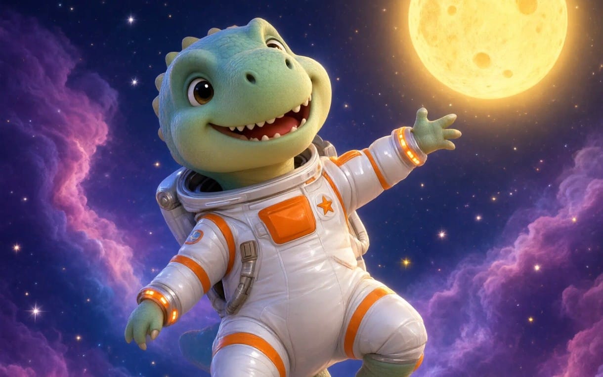 Cartoon space dinosaur in an astronaut suit waving in a starry sky with moon, for a kids printable coloring book