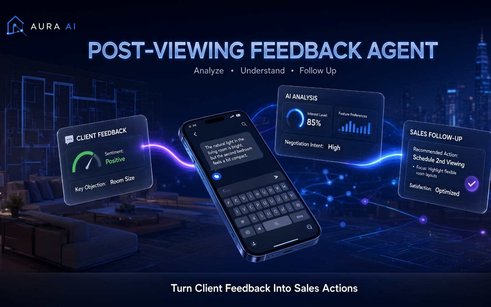 AI real estate post-viewing feedback agent banner with smartphone and sales follow-up dashboard UI