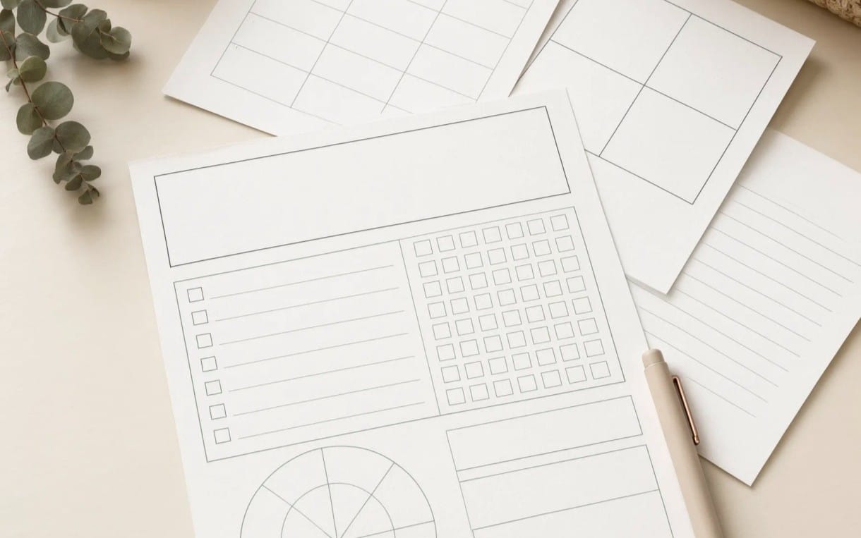 Minimal stationery planner pages and checklists for The 15-Minute Home Reset on a clean desk with pen