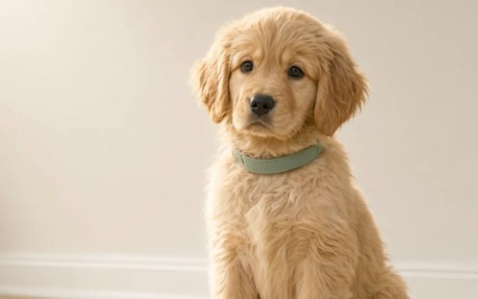 Golden retriever puppy wearing a collar, promoting a puppy potty problem solver digital guide