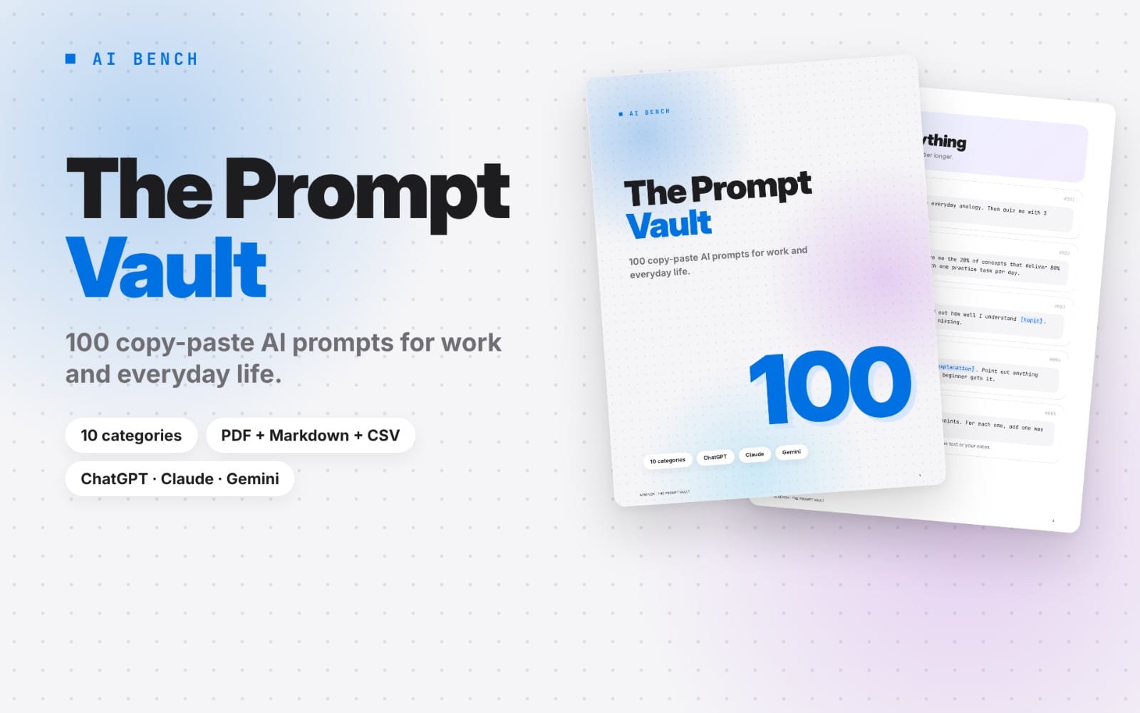 The Prompt Vault digital product cover with 100 AI prompts for work and everyday life, showing stacked booklets and text