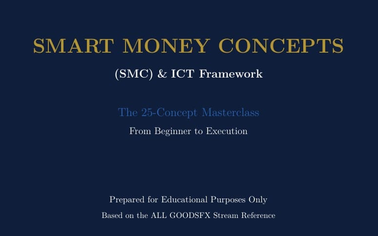 Dark blue ebook cover with Smart Money Concepts and SMC & ICT framework title and educational trading manual text