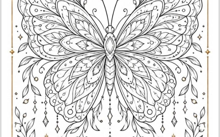 Adult coloring book page featuring intricate floral mandala line art with ornate symmetrical feathers and sparkles