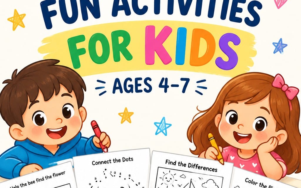 Kids activity book cover design with smiling children, coloring and puzzles pages for ages 4–7 Fun Activities