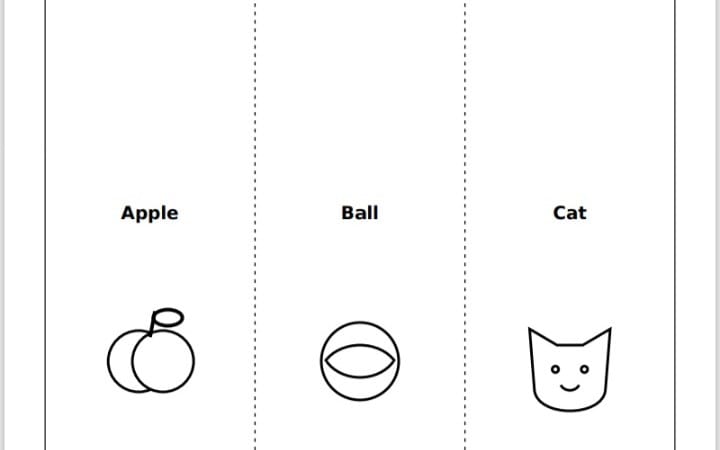 Kids ABC coloring book page showing outlines of apple, ball, and cat with simple black-and-white drawings