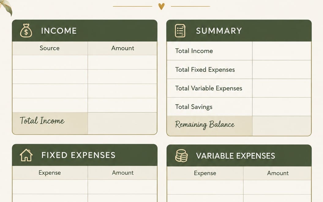 Minimalist budget planner printable with income, summary, fixed expenses, and variable expenses sections in green layout