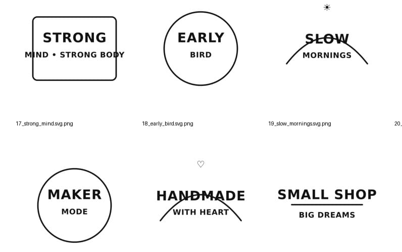 Minimal typography SVG designs bundle with phrases like STRONG, EARLY BIRD, SLOW MORNINGS, and handmade small shop