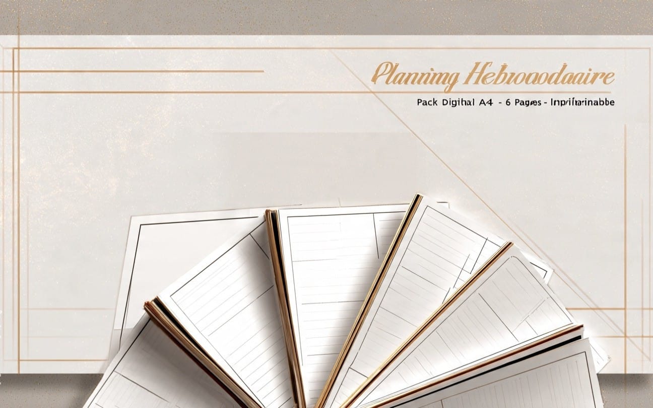 Pack de planning hebdomadaire numérique A4, feuilles blanches avec titres, lignes et bord doré sur fond beige