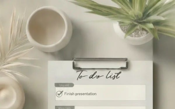 To-do list tendance sur un bloc-notes blanc avec stylos, tasse et feuillage en arrière-plan