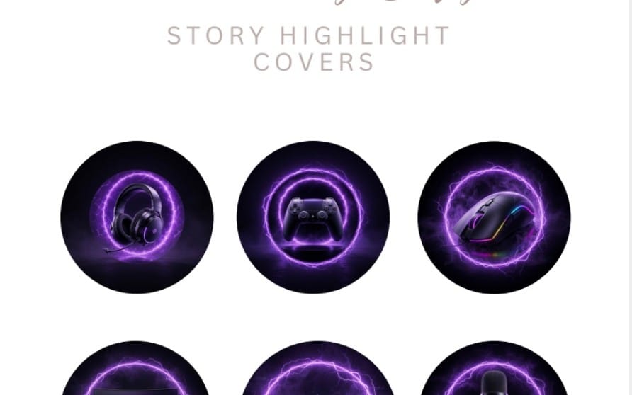 Pack de covers de story gaming circulaires avec manettes casque et souris entourés d’énergie violette