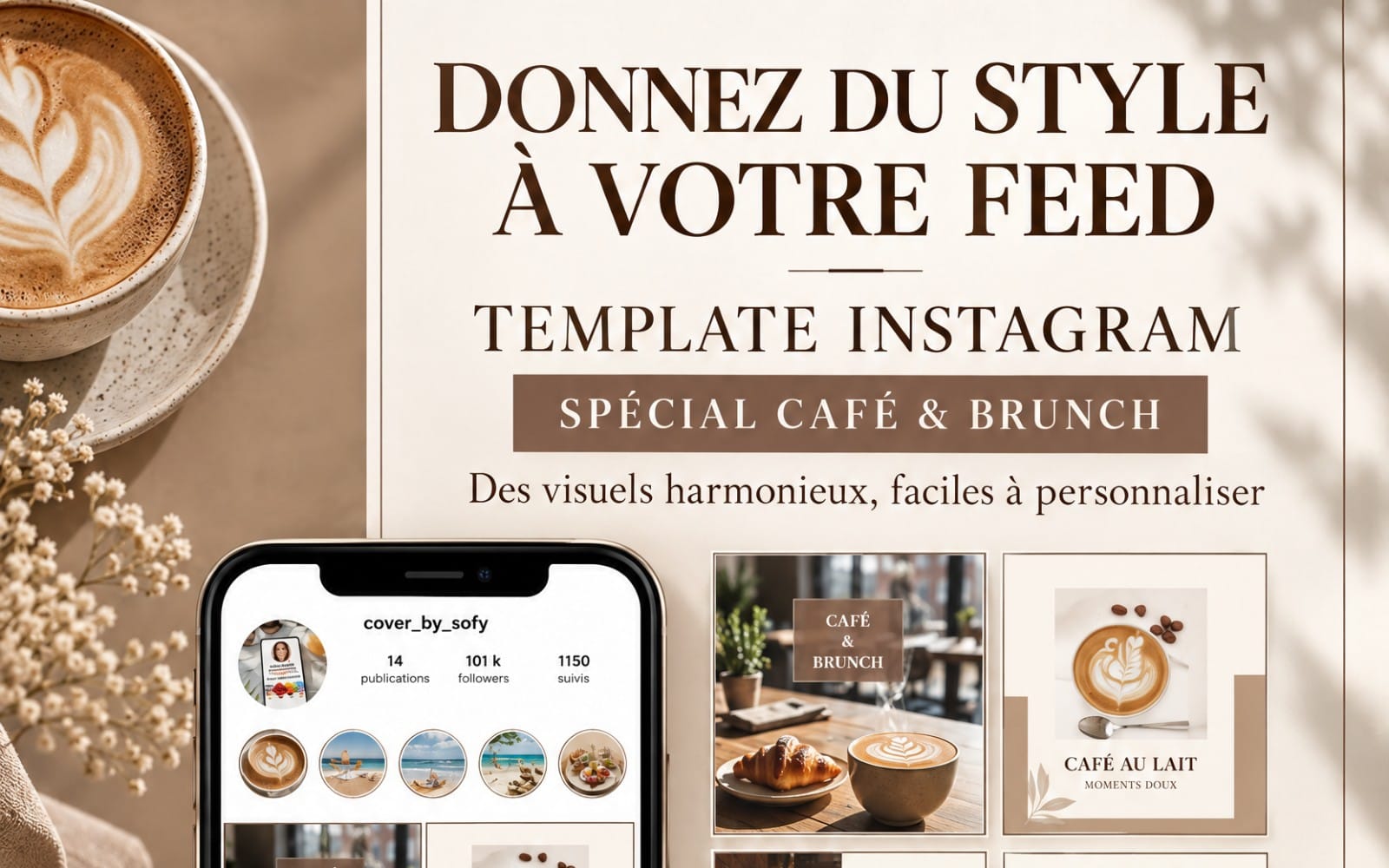 Modèle Instagram café et brunch avec tasses de café, fleurs séchées et maquette sur smartphone