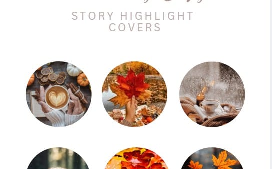 Planche de covers Story Highlight Automne avec cercles montrant des feuilles et tasses de café en ambiance automnale