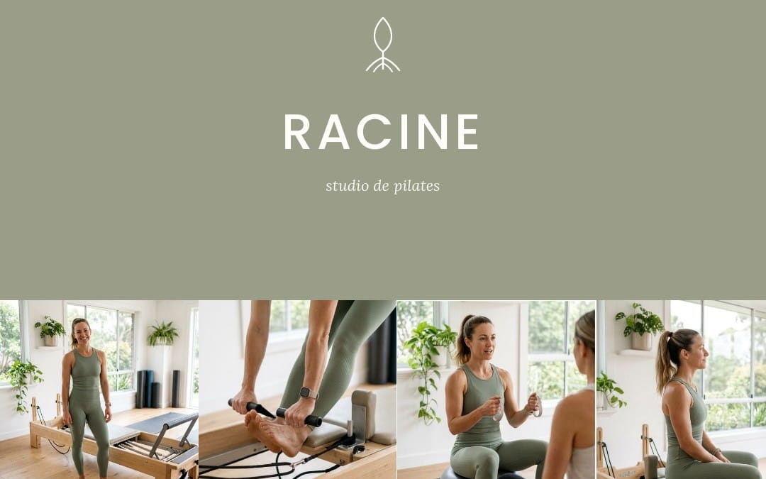 Mise en page de kit de marque pour studio de pilates, avec logo RACINE et photos de cours en studio