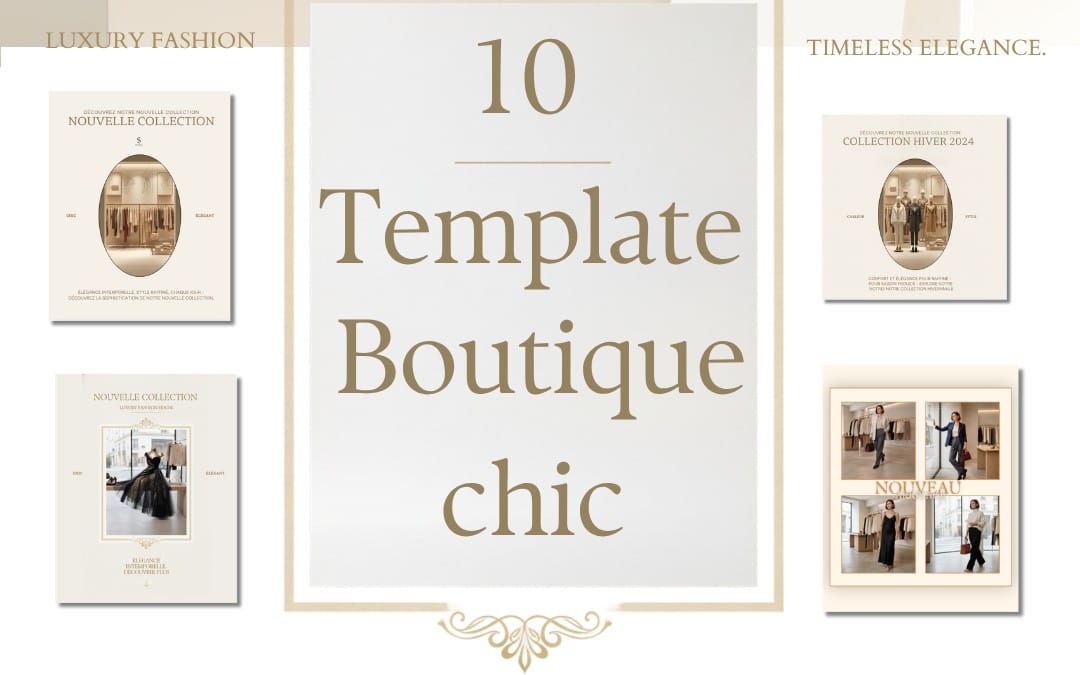 Pack de 10 templates boutique chic en design luxe, maquettes de cartes promotionnelles et pages de collection fashion