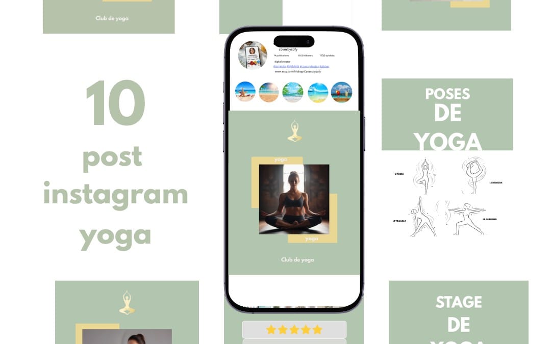 Pack de 10 templates Instagram sur le yoga avec mises en page vertes, poses et icônes, sur smartphone