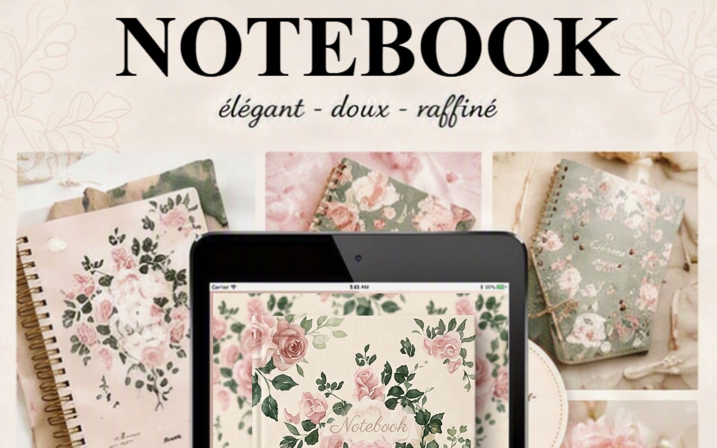 Couverts de notebook floral rose et vert, pages visibles, mise en scène avec écran tablette et carnet relié
