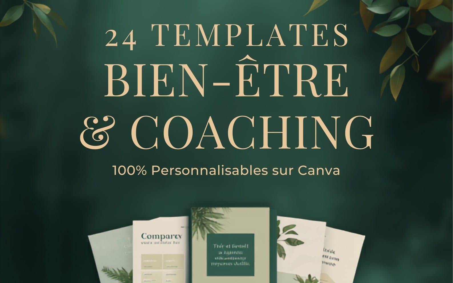 Couverture avec texte 24 templates bien-être et coaching sur fond vert feuillage, pack de modèles Canva