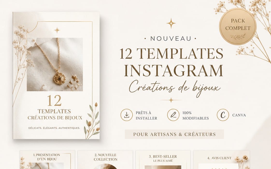 Pack de 12 templates Instagram pour créations de bijoux, affichant maquettes avec collier en photo et texte décoratif