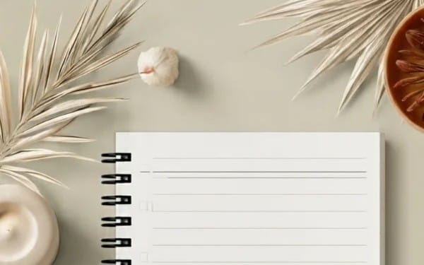 Carnet de to-do liste minimaliste avec lignes et pages vierges, posé sur fond beige avec feuilles séchées
