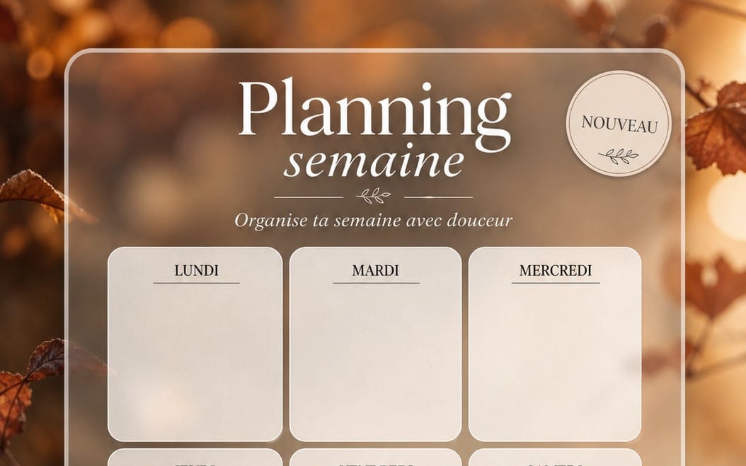 Modèle de planning hebdomadaire automne avec en-tête Planning semaine, cases Lundi à Mercredi et thème feuilles