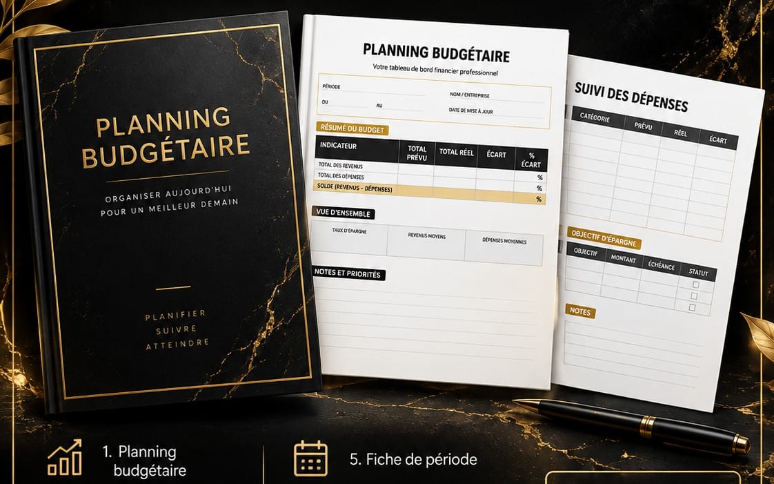 Pages imprimables de planning budgétaire avec tableaux de revenus et dépenses, objectifs et notes sur fond noir