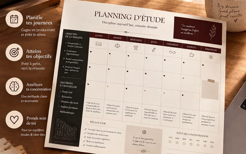 Calendrier et planning d’étude imprimé pour étudiant sur bureau, avec objectifs, matières et suivi de concentration
