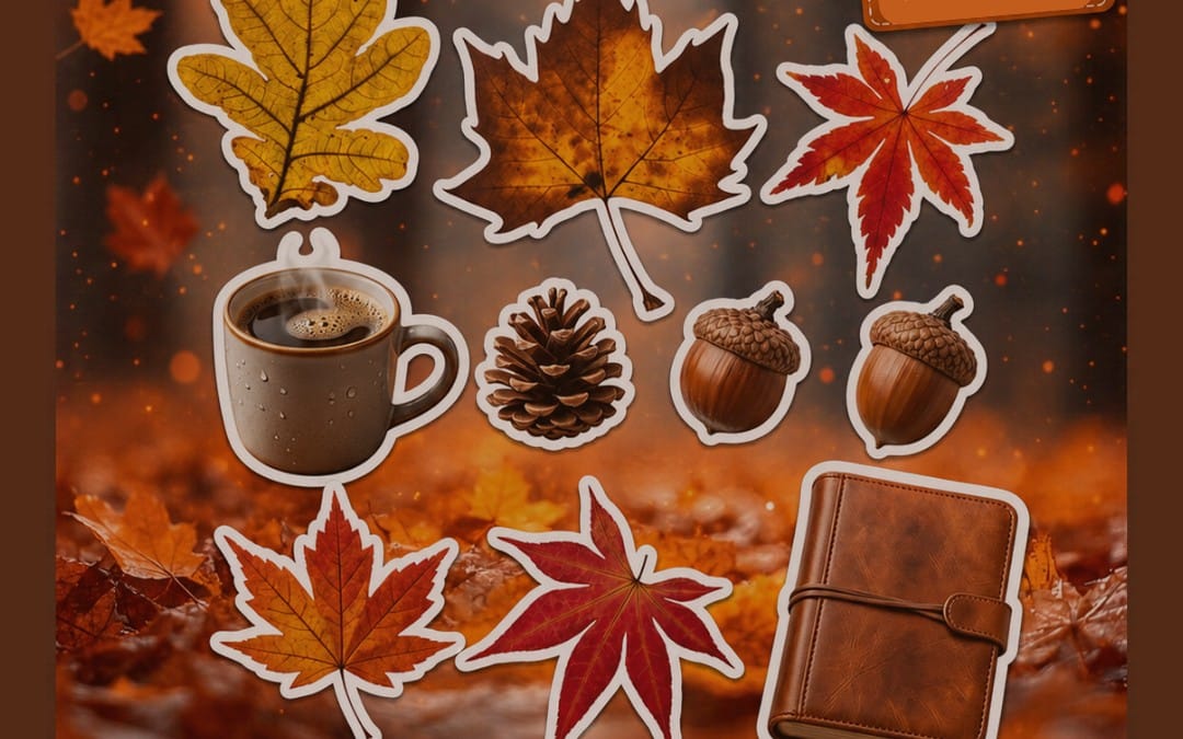 Planche de stickers d’automne avec feuilles colorées, café, pomme de pin et carnet en cuir