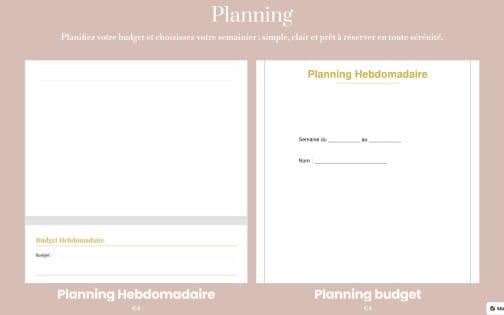 Modèle PDF de planification hebdomadaire et budget, pages vierges avec cases de saisie et titres Planning budget