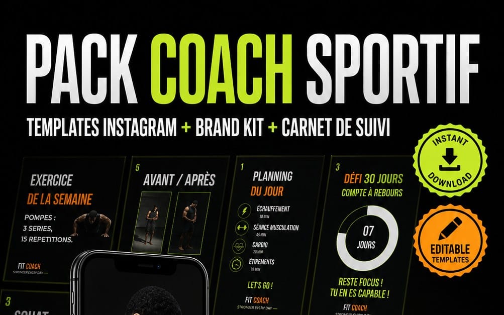 Pack de templates Canva pour coach sportif avec maquettes Instagram et carnet de suivi, titres et boutons de