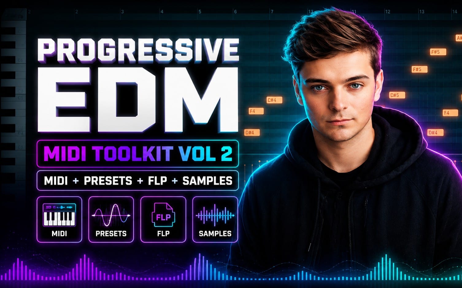 Progressive EDM MIDI toolkit cover with neon text, audio waveforms, keyboard icons, and a man in hoodie