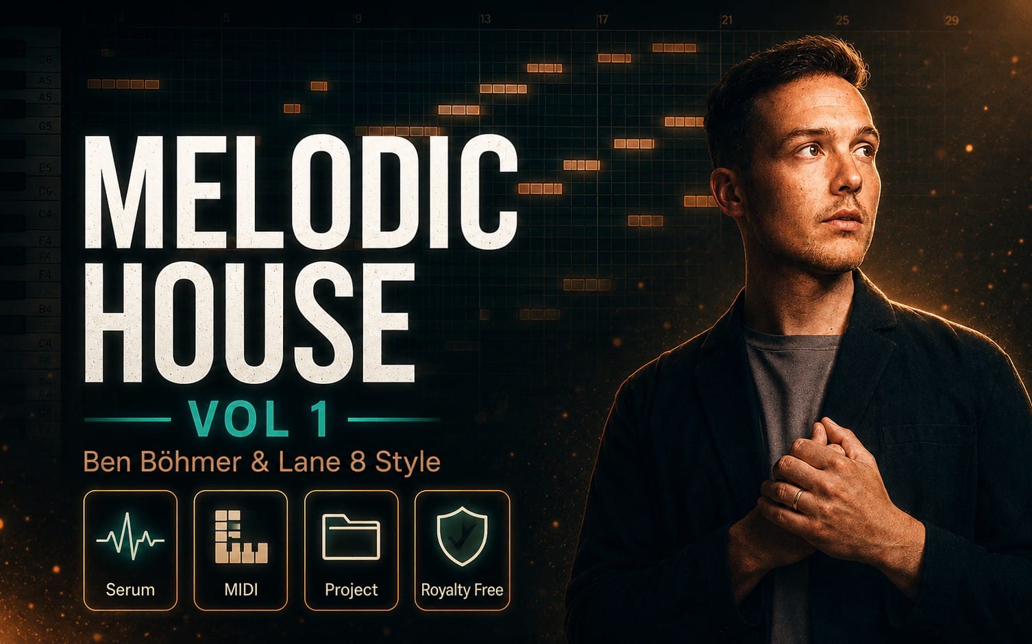 Melodic house Vol 1 FL Studio project cover with waveform title, DAW grid, and a suited musician portrait
