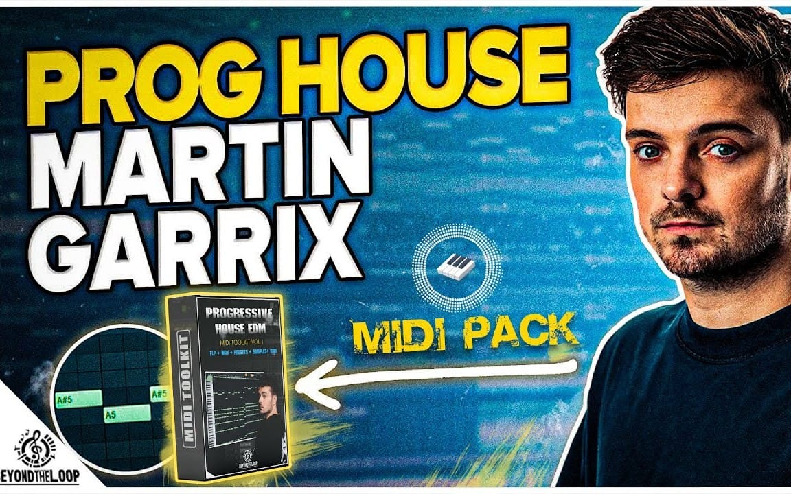 Progressive EDM MIDI toolkit Vol 1 Garrix style cover with producer portrait and MIDI pack text
