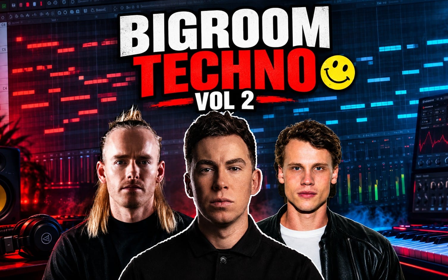Big Room Techno Vol 2 hardwell style FL Studio project cover with studio software screens, neon music visuals, and