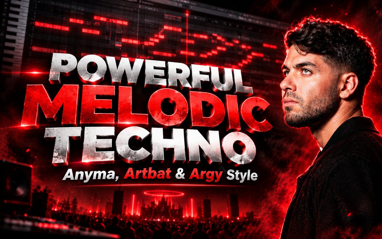 Techno music project cover with red neon studio background, DAW waveform screens, and text Powermelodic Techno