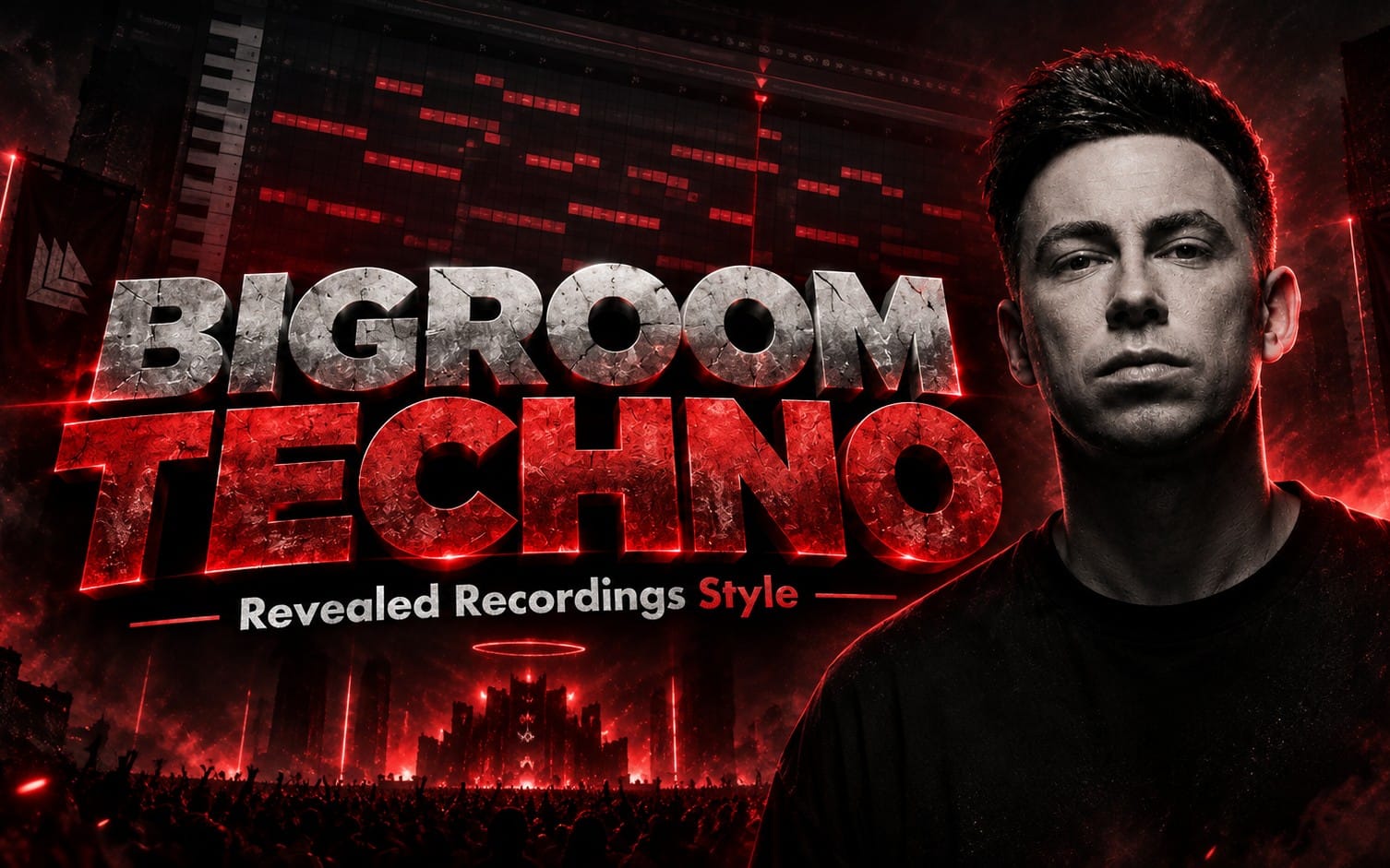 Big Room Techno Vol 3 Fl Studio project cover with Hardwell Revealed style text, EDM studio synthwave background