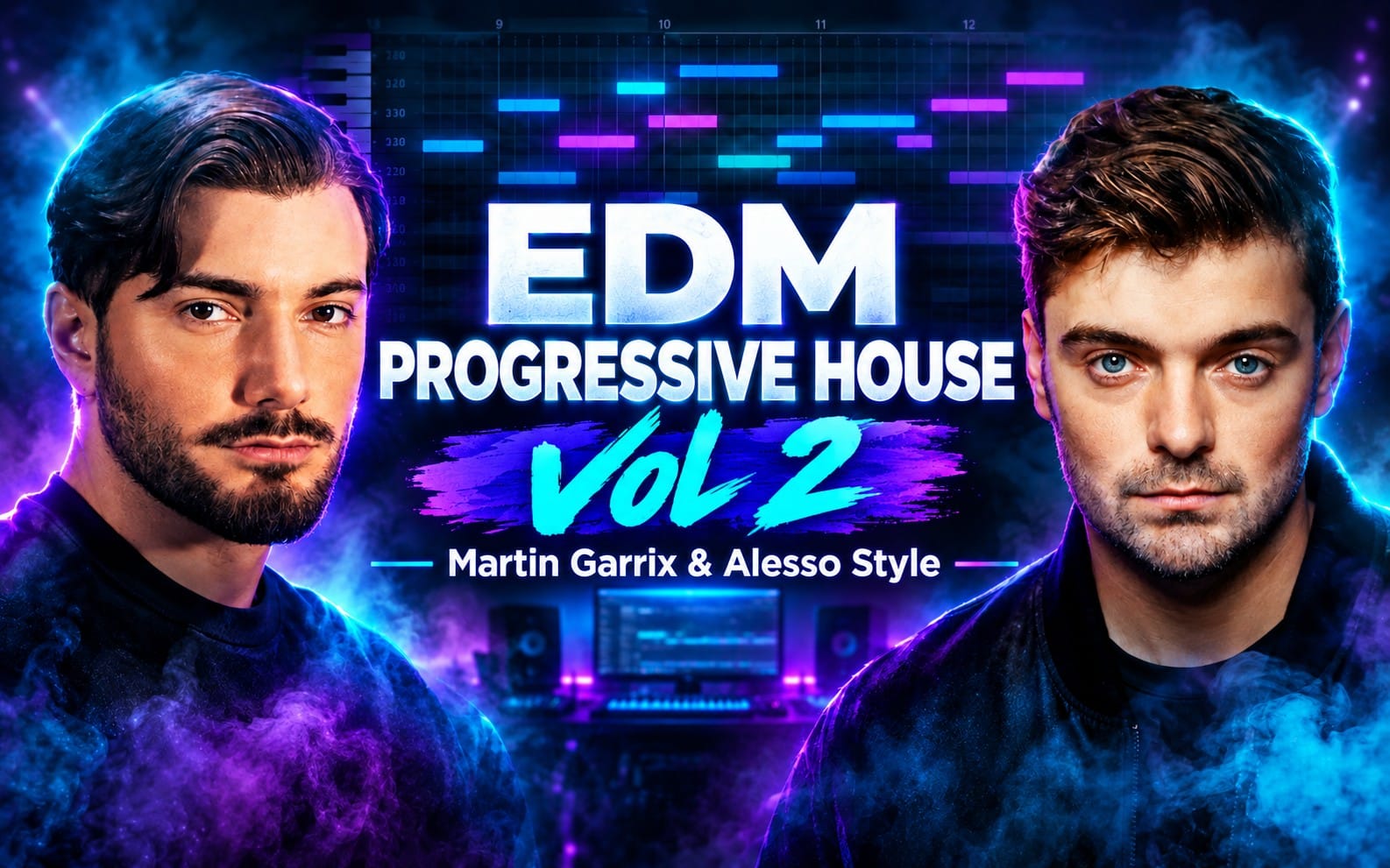 Promotional EDM progressive house Vol 2 FL Studio project cover with two men portraits and colorful waveform graphics