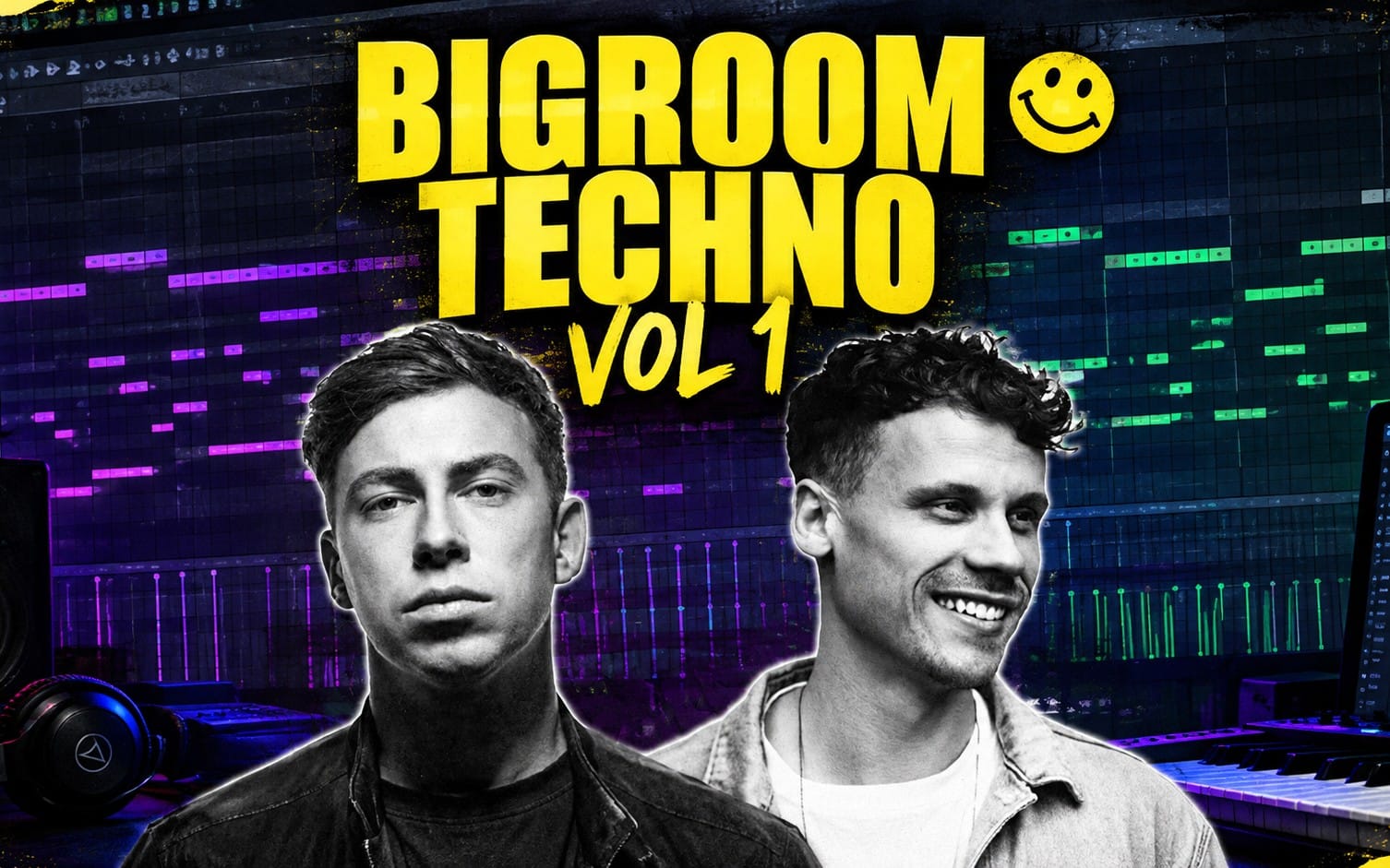 Techno music project cover with two men portraits over FL Studio waveform grid and Acid Big Room Techno text