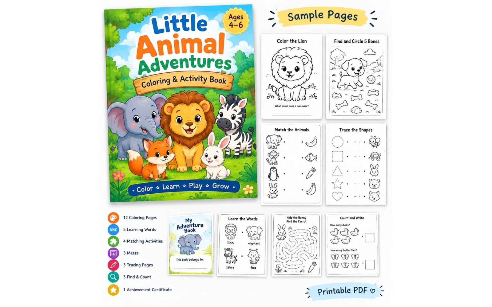 Children’s printable coloring and activity book cover with sample pages showing lion, zebra, and tracing tasks
