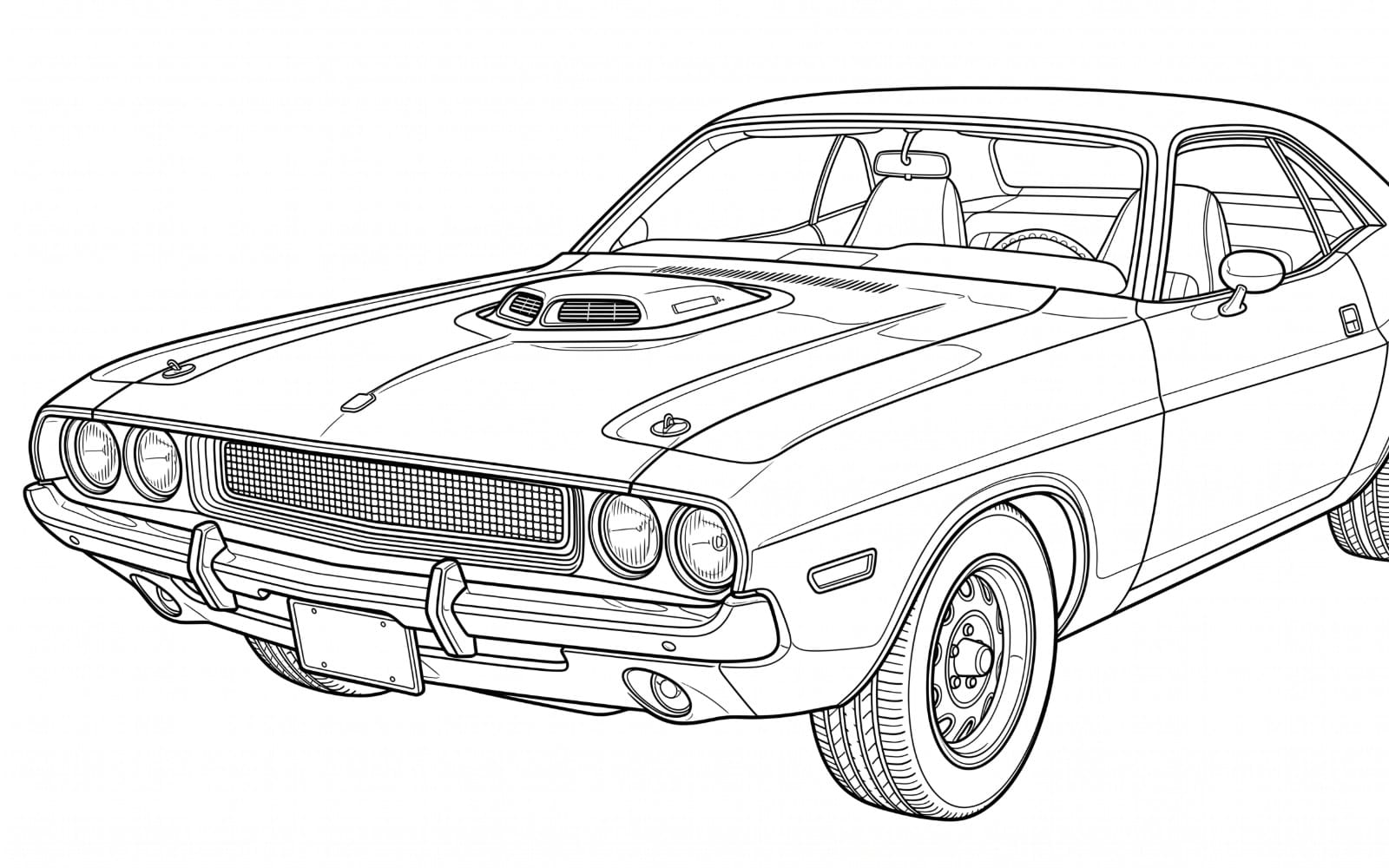 Black line art coloring page of a classic sports car with front grille, headlights, and wheels for printable PDF and PNG