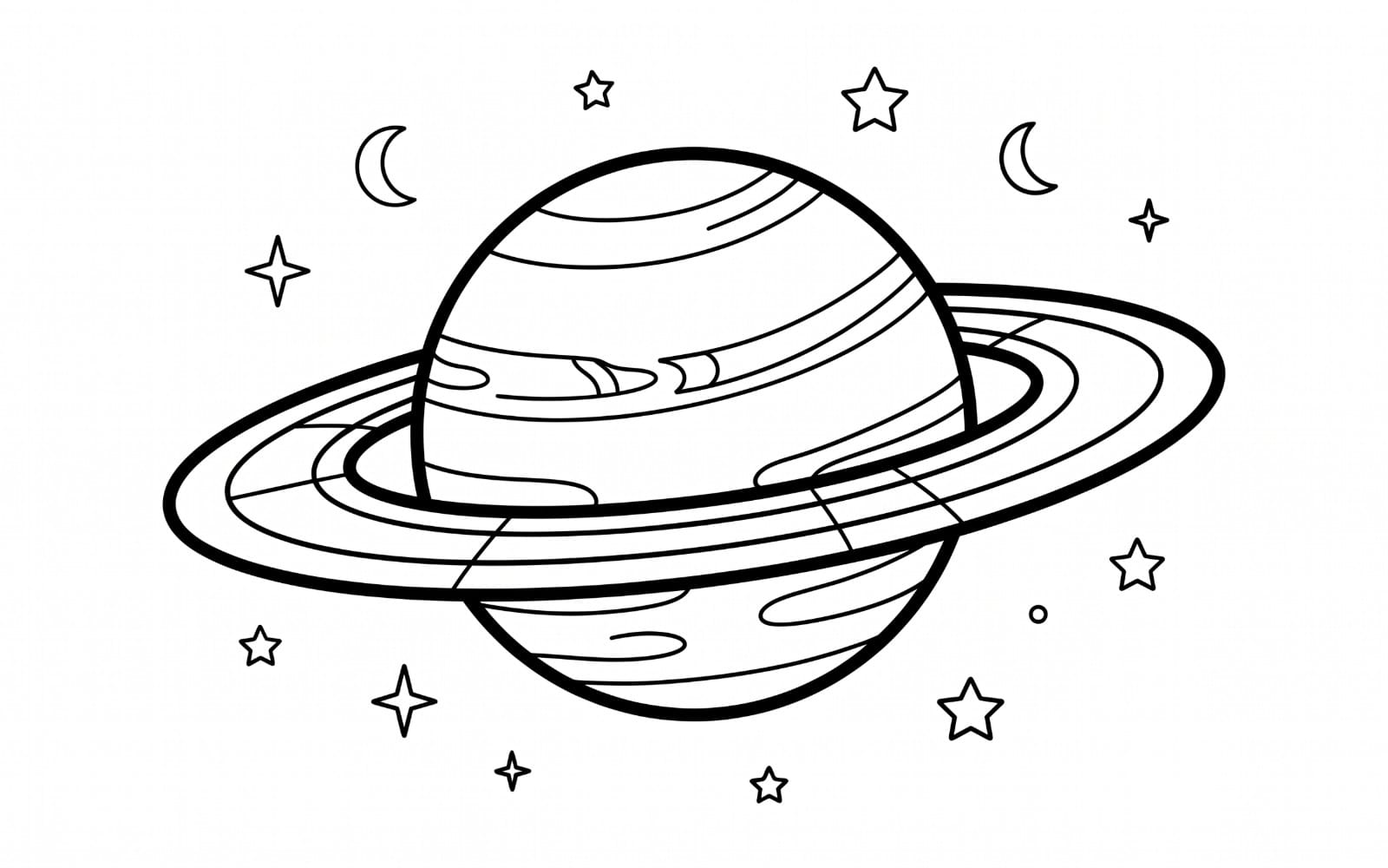 Black-and-white cute planet with stars line art, adult and kids printable coloring book page PDF design